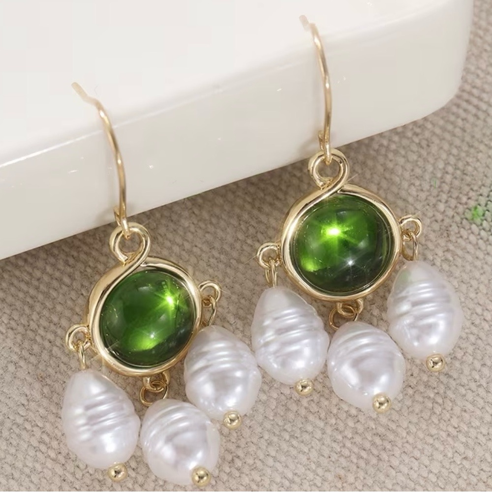 Gold and Green Drop Earrings with Pearls